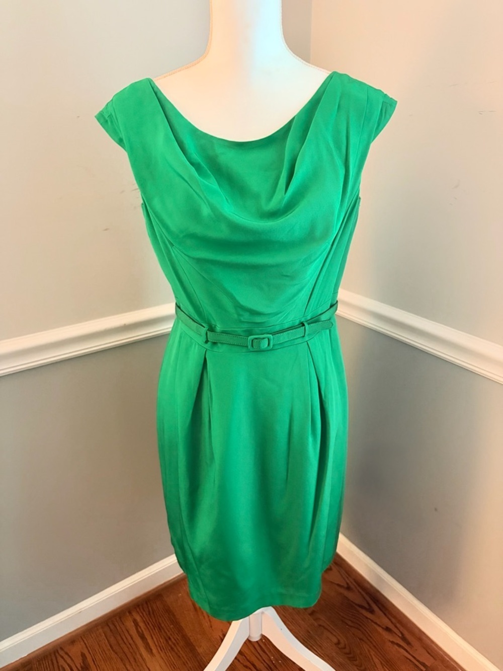 Shoshanna Emerald Green Silk Cowl Neck Sheath Dress Belted NWT Size 8